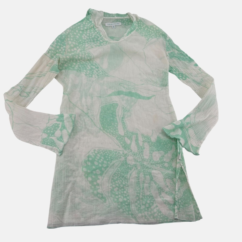 Tori‎ Richard Womens XS Mint Green Tropical Floral Cotton Gauze Hooded Tunic Top
